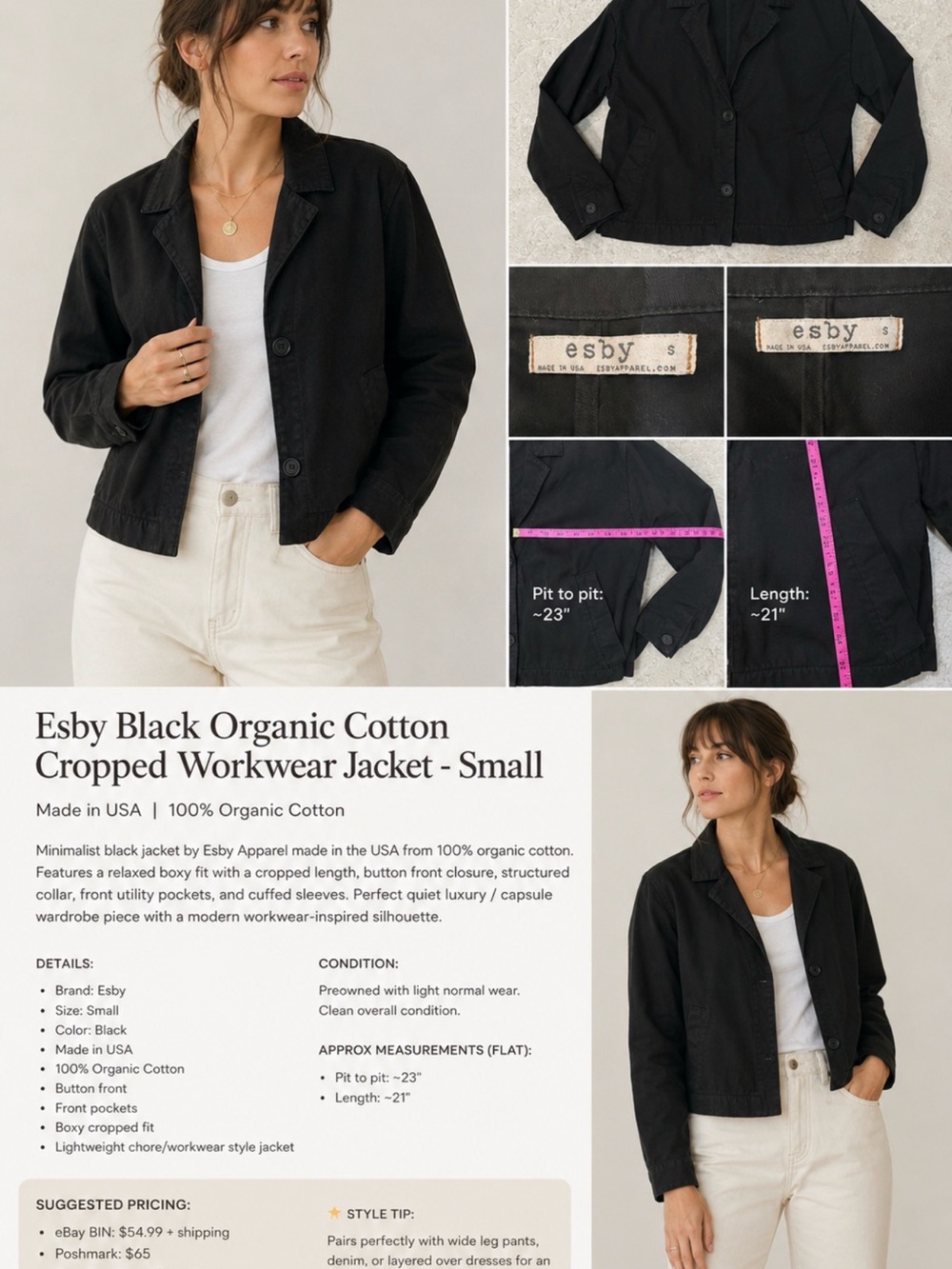 Esby Organic Cotton Black Boxy Cropped Jacket Minimalist Utility Coat S